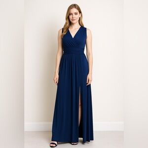 Koh Koh navy blue wrapped front‎ waisted maxi dress with front slit, M